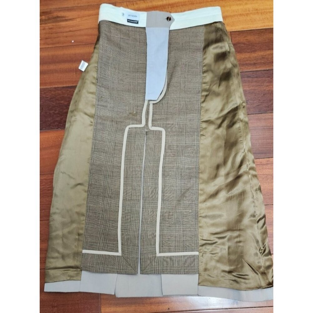 EFTYCHIA Ventile Beige Midi Skirt Straight Plaid Insert Belted UK 10 - Picture 11 of 13